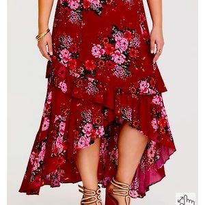 RED FLORAL HI-LO GAUZE SKIRT
